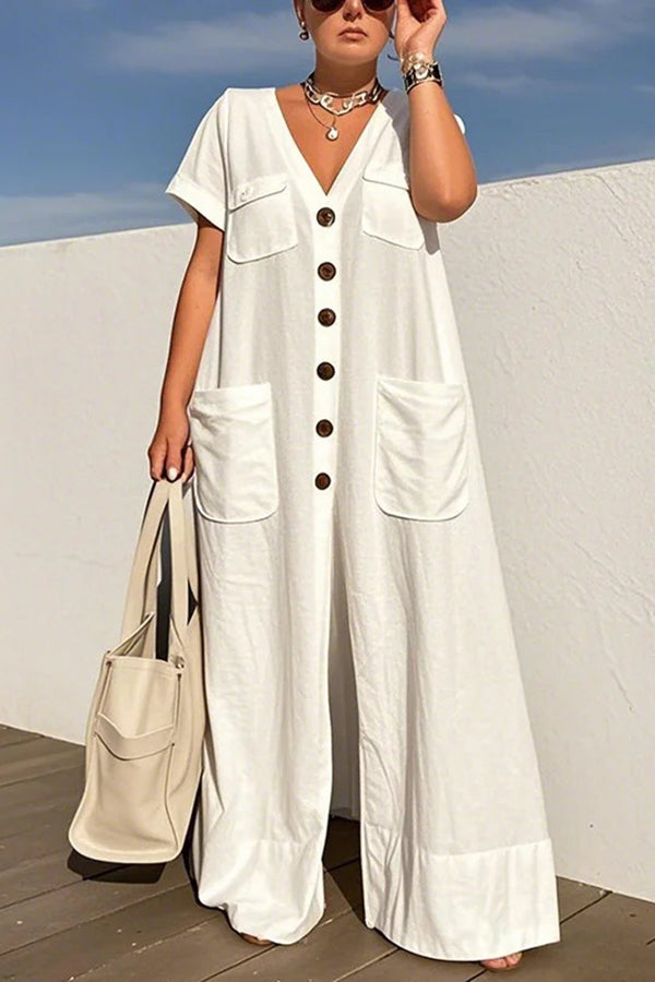 Solid Color V-neck Single-breasted Pocket Loose Casual Jumpsuit