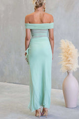 Sexy Mesh Off-shoulder Slim Fit Ruffled Slit Maxi Dress
