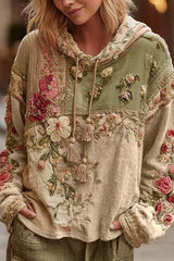 Floral Print Loose Hooded Long-Sleeved Sweatshirt