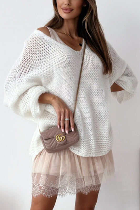 Solid Color Loose V-neck Casual Knitted Sweater