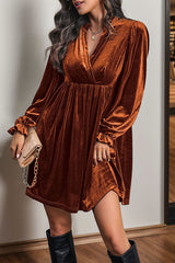 Solid Color Velvet V-Neck Long Sleeve Loose Mini Dress