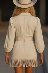 Stylish Long-sleeved Fitted Waist Fringed Hem Denim-style Mini Dress