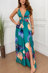 Seinah Floral Print Cutout Waist Open Back Lace-up Slit Maxi Dress