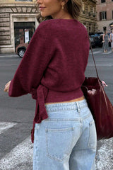 Solid Color Crossover V-neck Tie Elegant Long-sleeved Knit Top