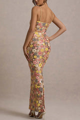 80's Inspired Floral Print Sequin Square Neck Slip Stretch Maxi Dress