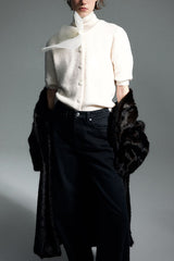 Cozy Sweet Darling Knit Sheer Organza Bow Neck Short Puff Sleeve Button Cardigan