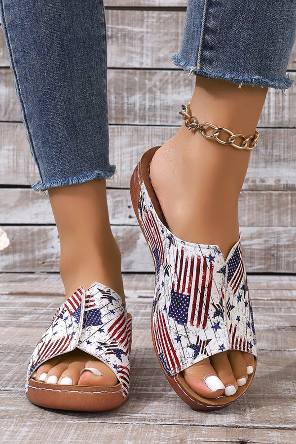 Independence Day Stars and Stripes Wedge Heel Peep Toe Slides