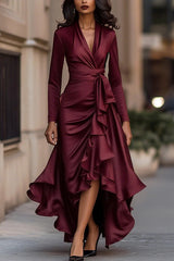 Solid Color Satin V-neck Long-sleeved Elegant Ruffled Maxi Dress