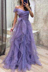 Pretty First Impression Tulle Off Shoulder Tiered Ruffle Evening Maxi Dress