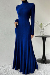 Solid Color High-neck Long-sleeved Slim-fit Fishtail Elegant Maxi Dress
