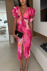 Unique Print V-Neck Puff Sleeve Slit Slim Midi Dress