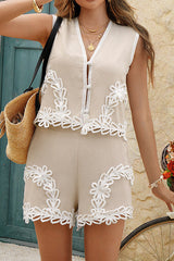 Bohemian Style V-neck Sleeveless Top and Elastic Waist Loose Casual Shorts Set