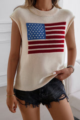 Independence Day Knitted Graphic Crew Neck Sleeveless Casual Top
