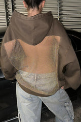 Fashionable Shiny Mesh Hollow Back Loose Long-sleeved Hooded Sweatshirt