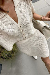 Solid Color Hollow Short Sleeve Knit Top and Elastic Waist Casual Mini Skirt Set