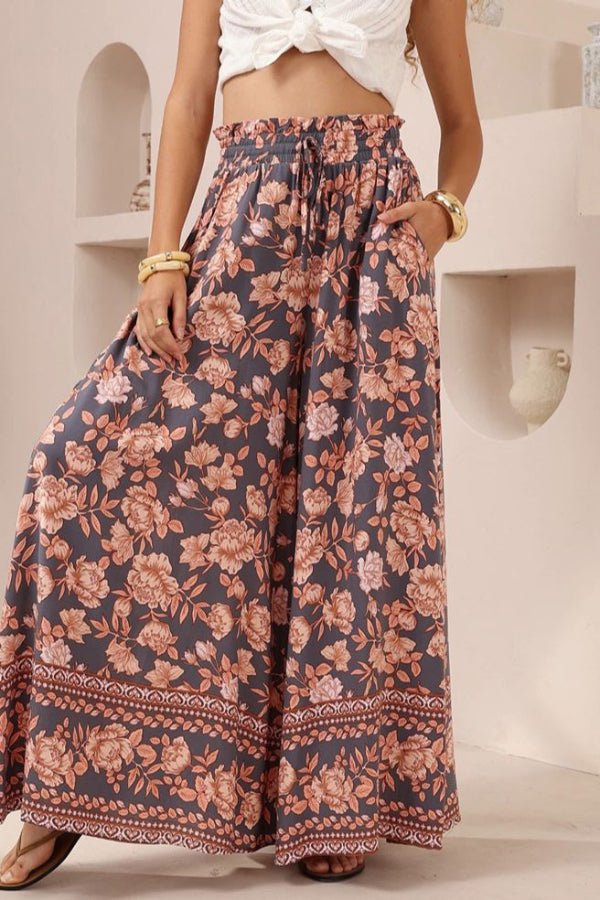 Floral Print Casual Elastic Waist Pocket Loose Wide-leg Pants