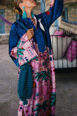 Seaside Stroll Satin Unique Print Button Up Long Sleeve Slit Kaftan Midi Dress