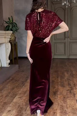 Elegant V-neck Sequined Velvet Stitching Sexy Slit Maxi Dress