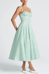 Palace Style Jacquard Fabric Backless Tie Slim Midi Dress