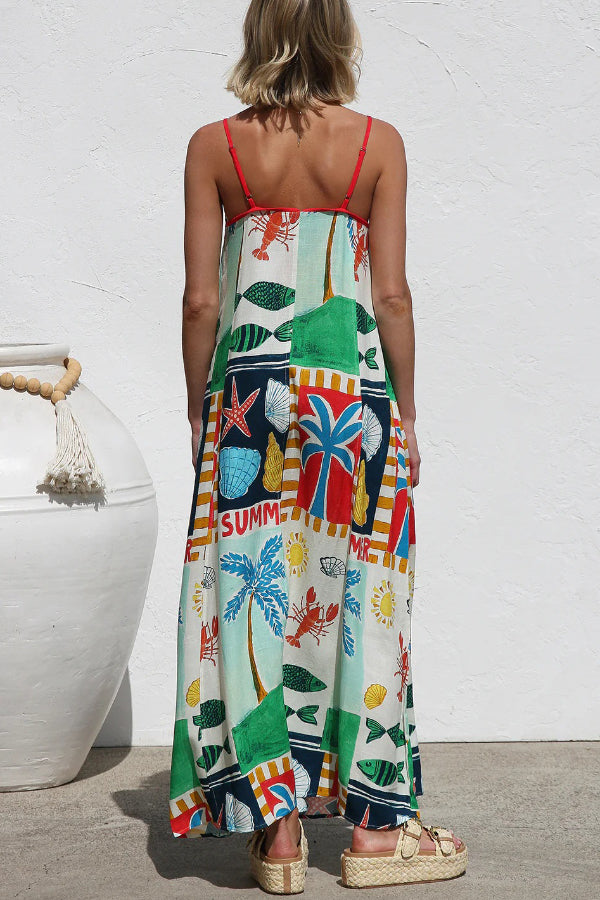 Summer-themed Printed Square Neck Sleeveless Pocket Loose Maxi Dress