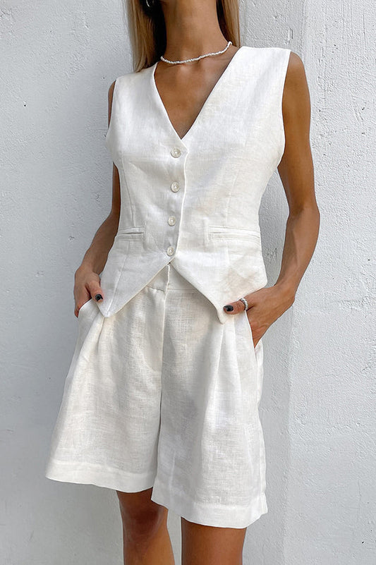 V Neck Sleeveless Single Breasted Top Side Pocket Shorts Set