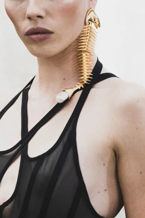 Personalized Fishbone Diamond Pearl Pendant Earrings