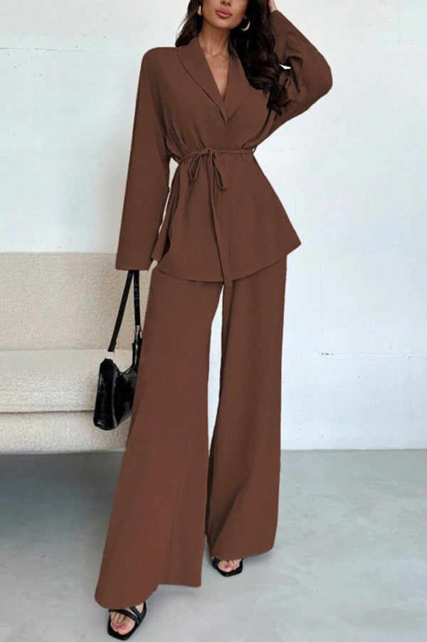 Solid Color Collared Long-sleeved Tie-wst Loose Top and Elastic Wst Casual Wide-leg Pants Set