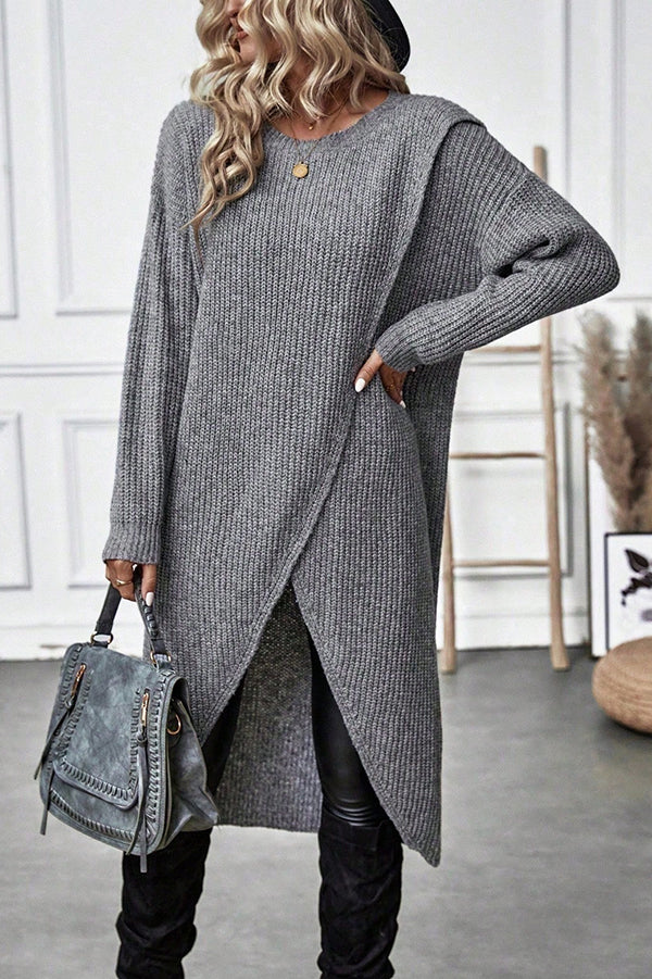 Solid Color Round Neck Long Sleeve Loose Slit Knitted Sweater