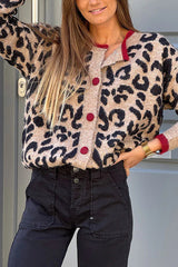 Leopard Print Crew Neck Long-sleeved Loose Knit Cardigan