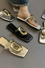 Versatile Square Toe Thong Casual Flat Metal Buckle Sandals