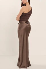 Kaia Satin Contrast Fabric Patchwork One Shoulder Ruched Maxi Dress