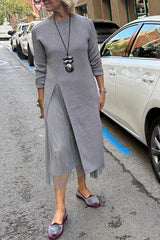 Jollie Knit Long Sleeve Front Slit Midi Sweater and Pleated Tulle Stretch Tank Midi Dress Two-piece Set