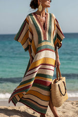 Colorful Striped Print V-neck Slit Holiday Style Midi Dress