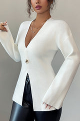 Solid Color V-neck Long-sleeved Elegant Knitted Top