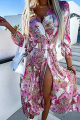 Paisley Print V Neck Long Sleeve Slit Slim Fit Dress