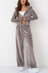 Solid Color Velvet Hooded Zip-up Sweatshirt and Elastic Waist Casual Pocket Straight-leg Pants Set
