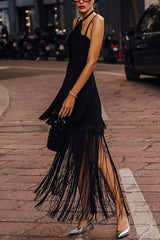 Sexy Halterneck Open Back Elegant Tassel Slim Maxi Dress