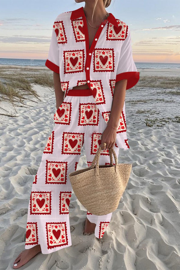 Red Heart-print Oversized Shirt and Elastic Waist Pocket Pants Set