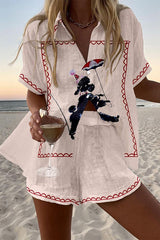 Black Poodle Print Loose Button Elastic Waist Shorts Set