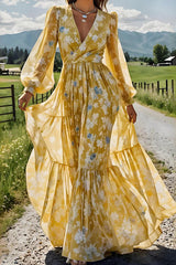 Floral Print V-Neck Long Sleeve Full Hem Holiday Maxi Dress