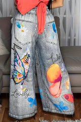 Butterfly Print Casual Elastic Waist Pocket Faux Denim Straight-Leg Pants