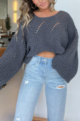 Solid Color Hollow Loose Round Neck Bat Sleeve Knitted Sweater