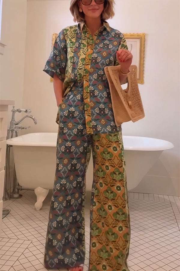Colorblock Linen Blend Floral Print Short Sleeve Loose Blouse and Elastic Waist Pocket Wide Leg Pants Set