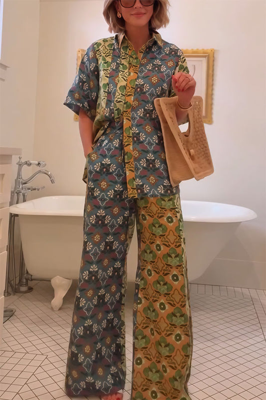 Colorblock Linen Blend Floral Print Short Sleeve Loose Blouse and Elastic Waist Pocket Wide Leg Pants Set