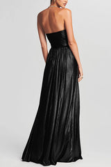 Goddess Temperament Metallic Pleated Fabric Off Shoulder Slit Maxi Dress