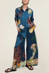 Linen Blend Unique Print Lapel Short Sleeve Shirt and Elastic Waist Loose Pocket Wide Leg Pants Set