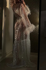 Fashionable Sequined Feather Long-sleeved Vacation Loose Extra-long Sun Protection Cover-up