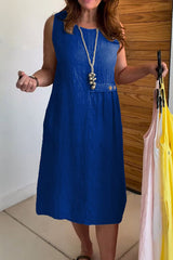 Linen Blend Solid Color Round Neck Sleeveless Loose Pocket Midi Dress