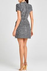 Eve Check Bouclé-tweed Fabric Pearl Trim Short Sleeve Pocketed Mini Dress