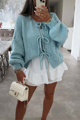 Solid Color Long-sleeved V-neck Lace-up Loose Knitted Sweater